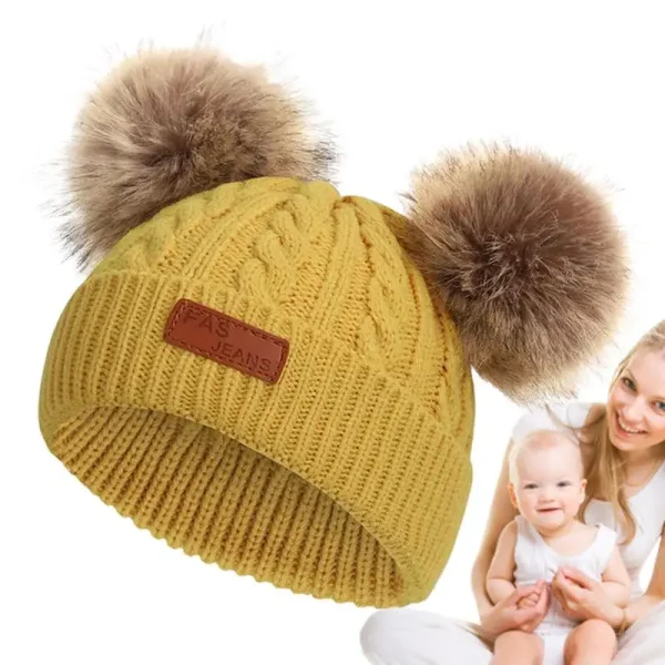 Kids Double Pompom Hat Warm Kids Boys Girls Winter Hat Comfortable Warm Stretchy Kids Beanie Hats For Boys Girls Toddler Baby